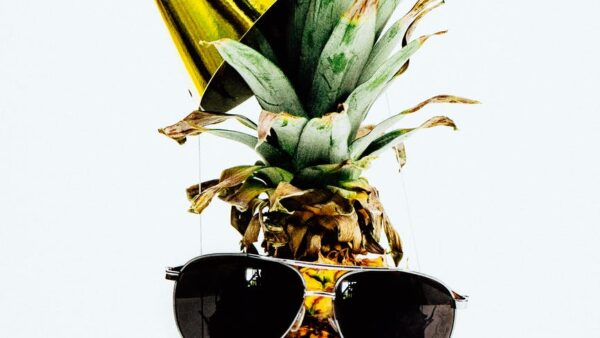 photo of pineapple wearing black aviator style sunglasses and party hat
