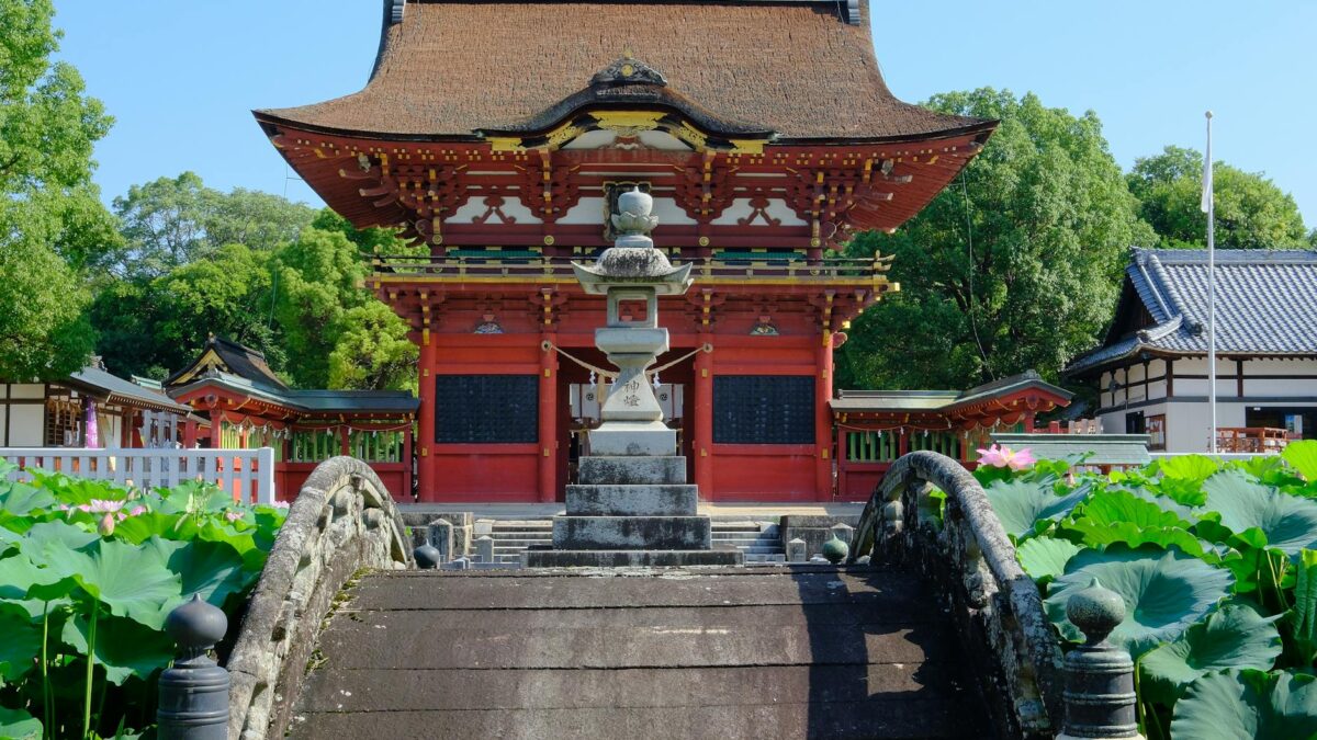 a large red pagoda with a lotus pond in front of it