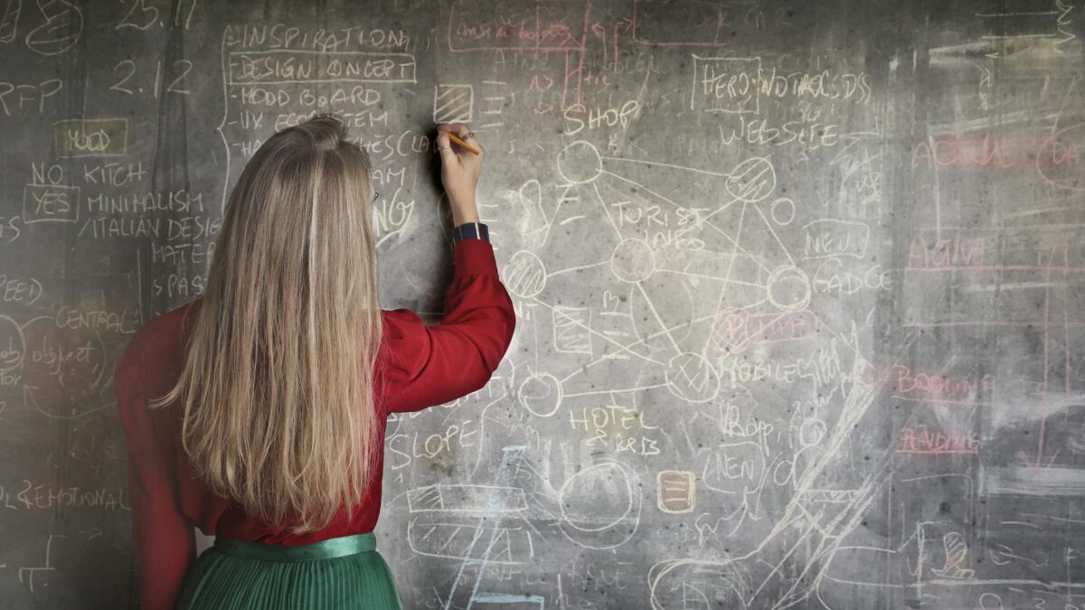 woman in red long sleeve writing on chalk board