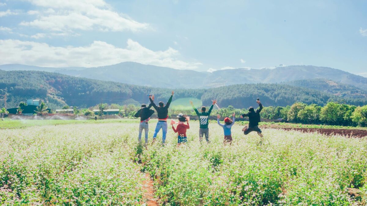 group of six people jumping in a crop field